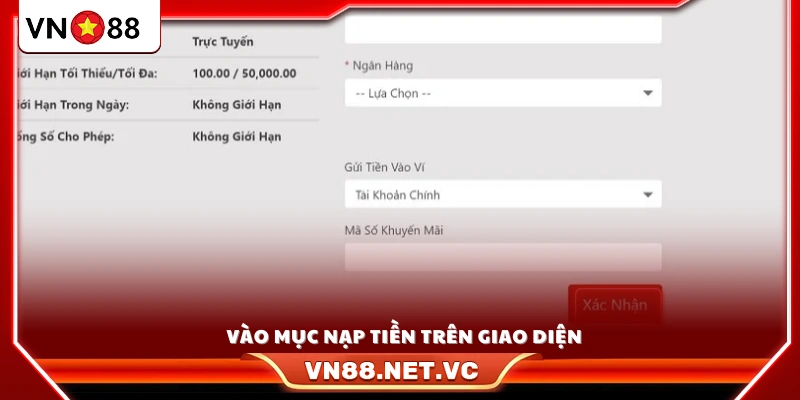 Chọn “Nạp tiền” hiển thị trên giao diện
